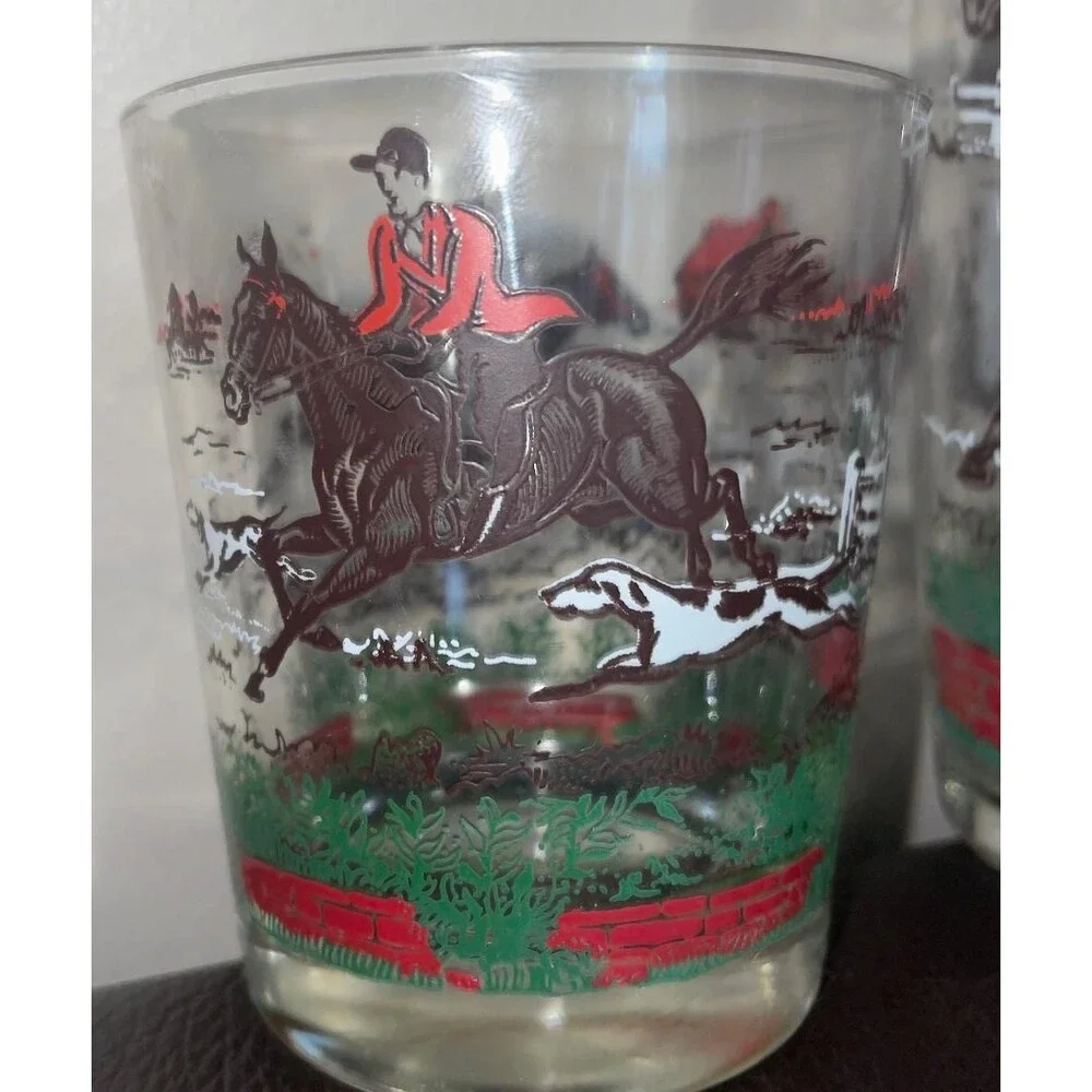 Vintage Fox Hunt Barware Glasses 3 Highball & Rocks Glasses Equestrian